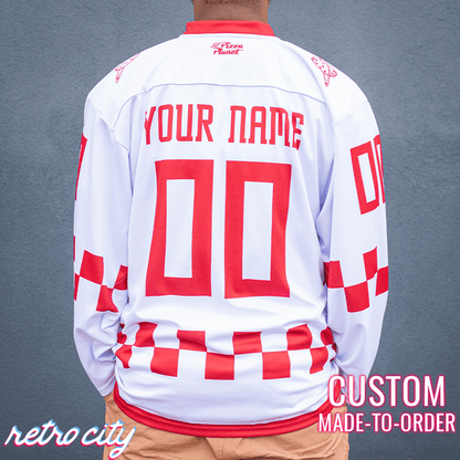 Retro City Threads Pizza Planet Hockey Fan Jersey (White) - Alternate Angle