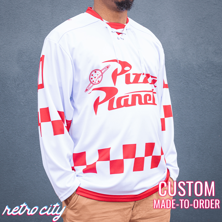 Retro City Threads Pizza Planet Hockey Fan Jersey (White) - Detail View