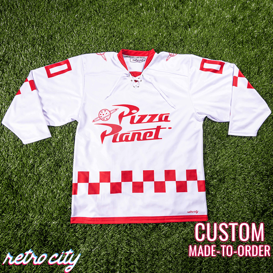 Retro City Threads Pizza Planet Hockey Fan Jersey (White) - Close Up