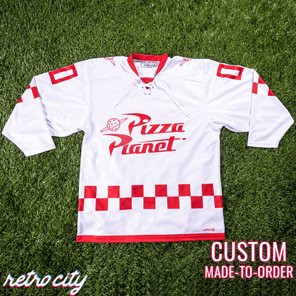 Retro City Threads Pizza Planet Hockey Fan Jersey (White) - Close Up