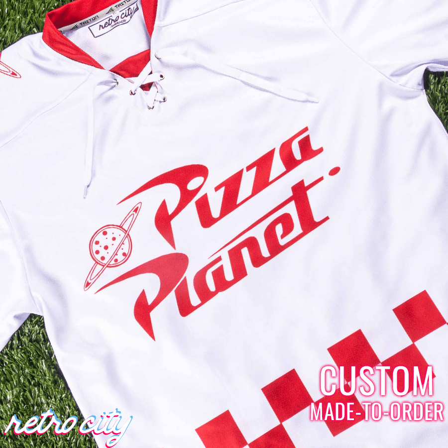 Retro City Threads Pizza Planet Hockey Fan Jersey (White) - Side View