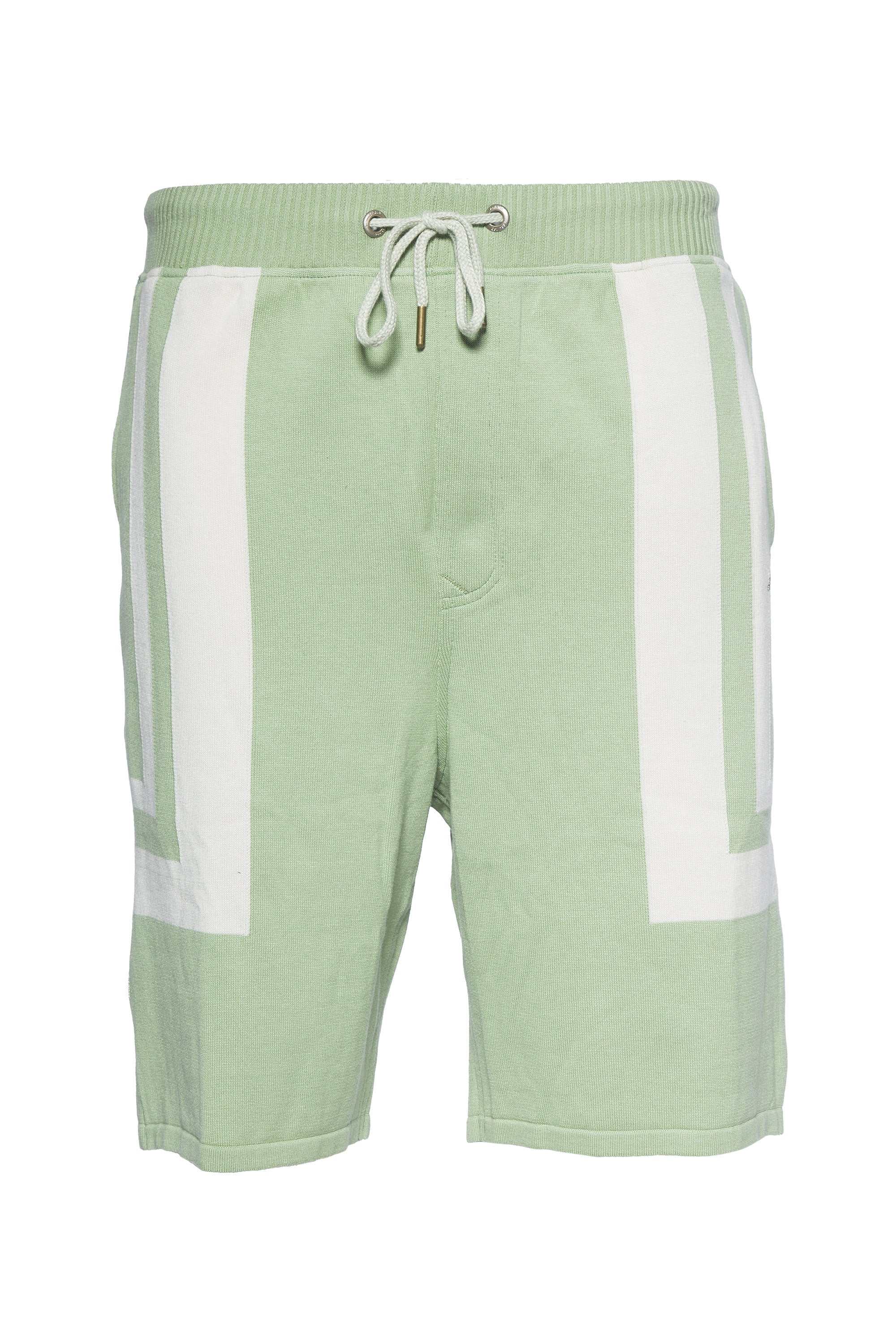 Jabari sweater knit shorts with striped Jacquard design, elastic waistband, and pockets.