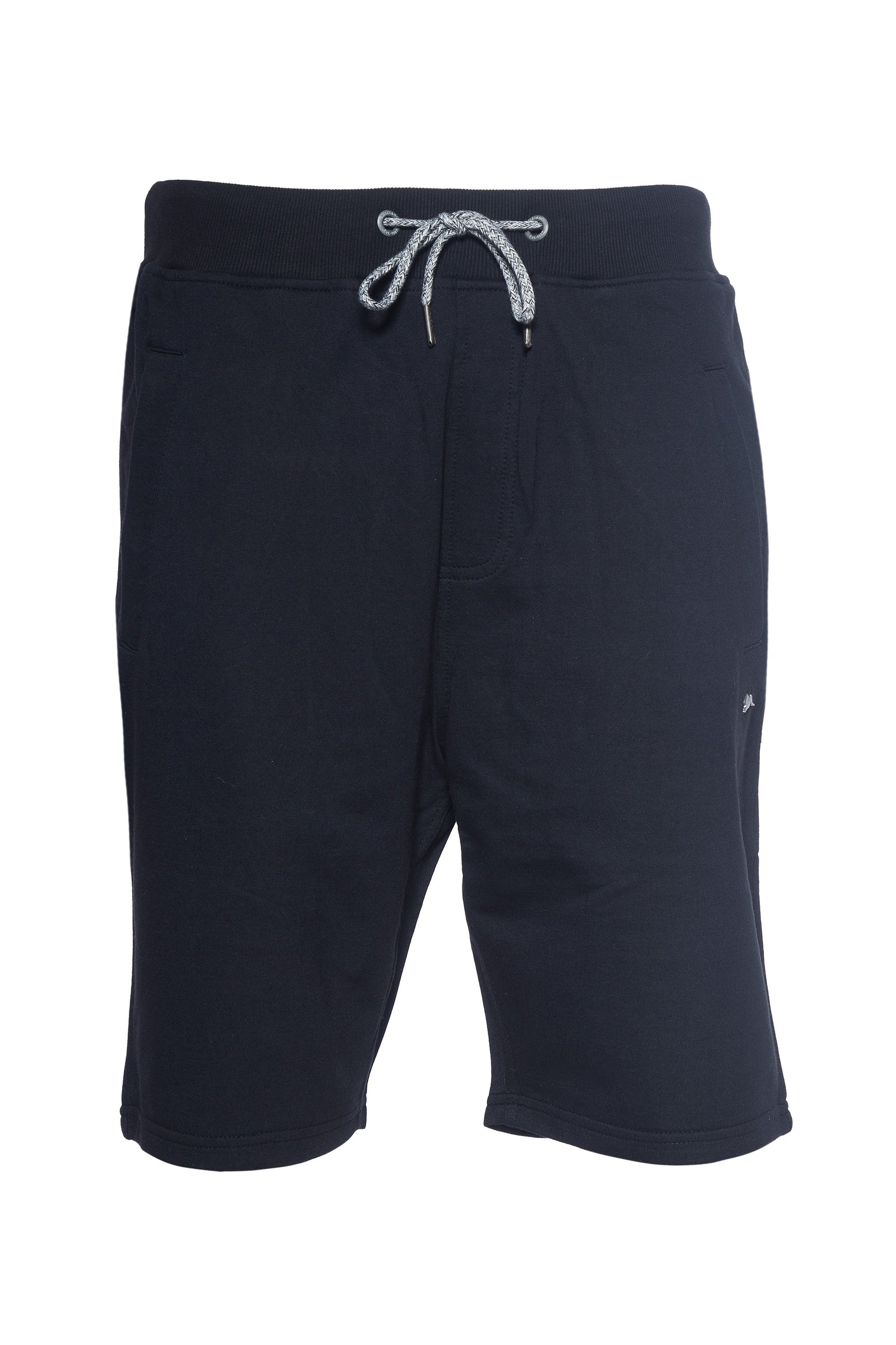 Knit French Terry short with ribbed elastic waistband, drawcord, and metal rabbit pin.