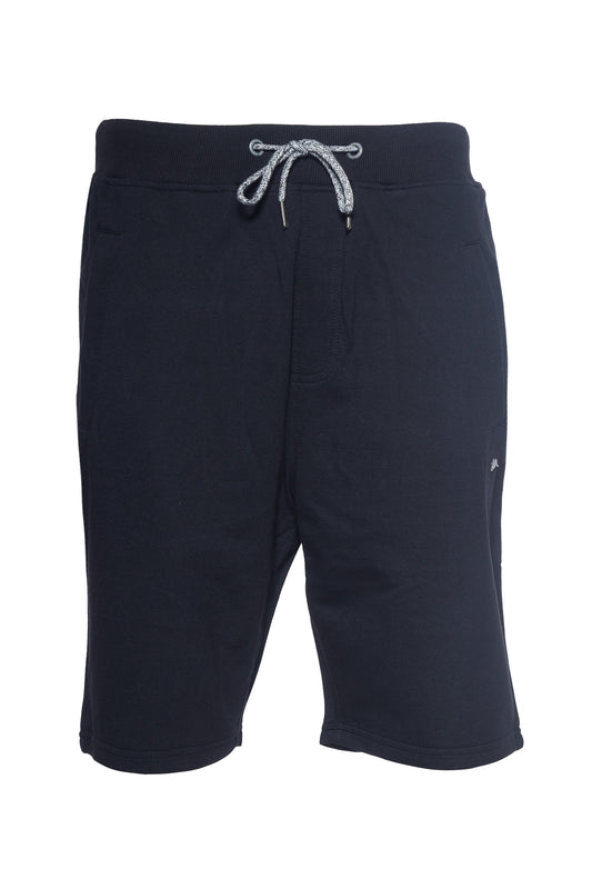 Knit French Terry short with ribbed elastic waistband, drawcord, and metal rabbit pin.