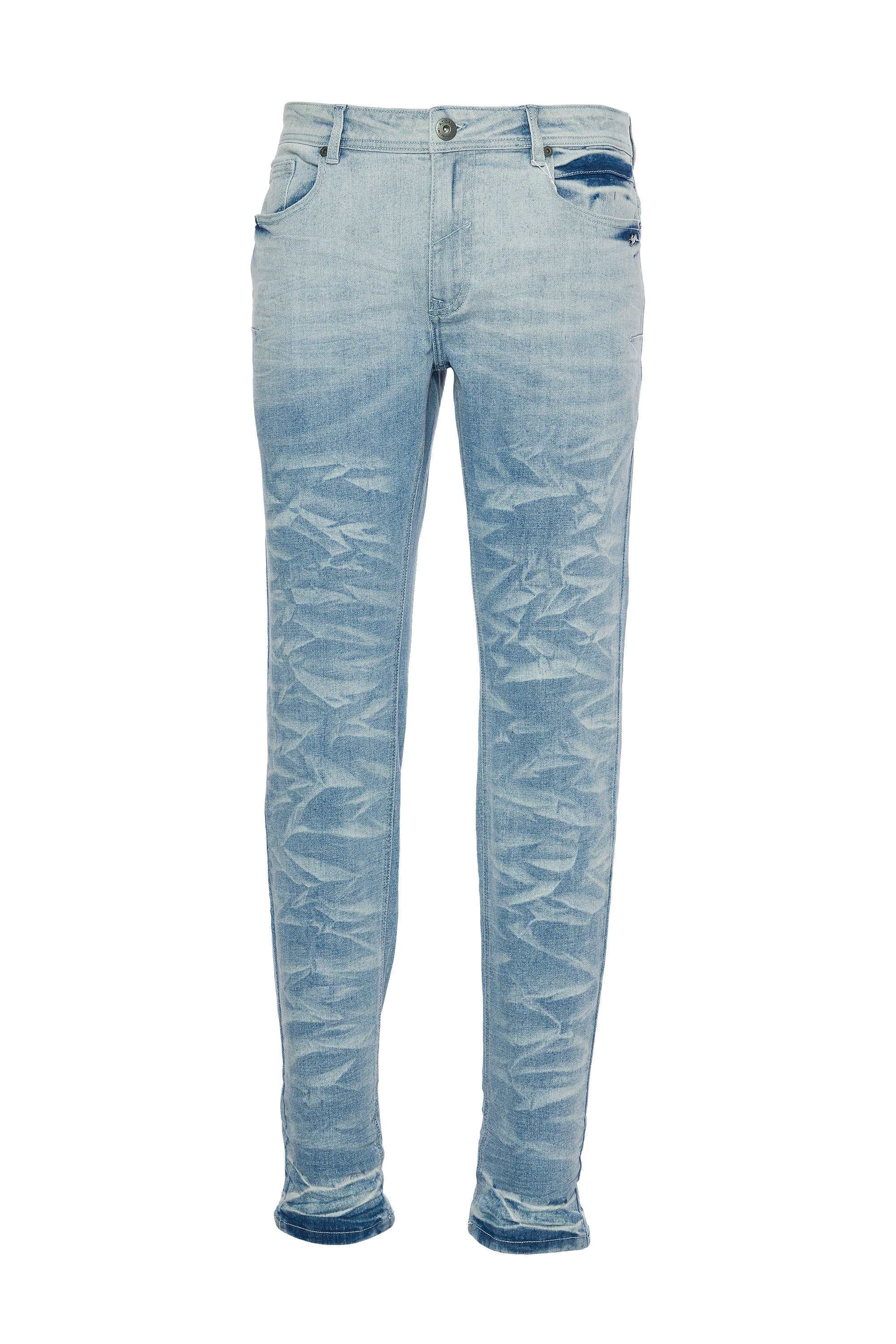 Jayden bleach and fade denim jean with straight fit, bleach stain, 3D pleating, and signature metal trims.