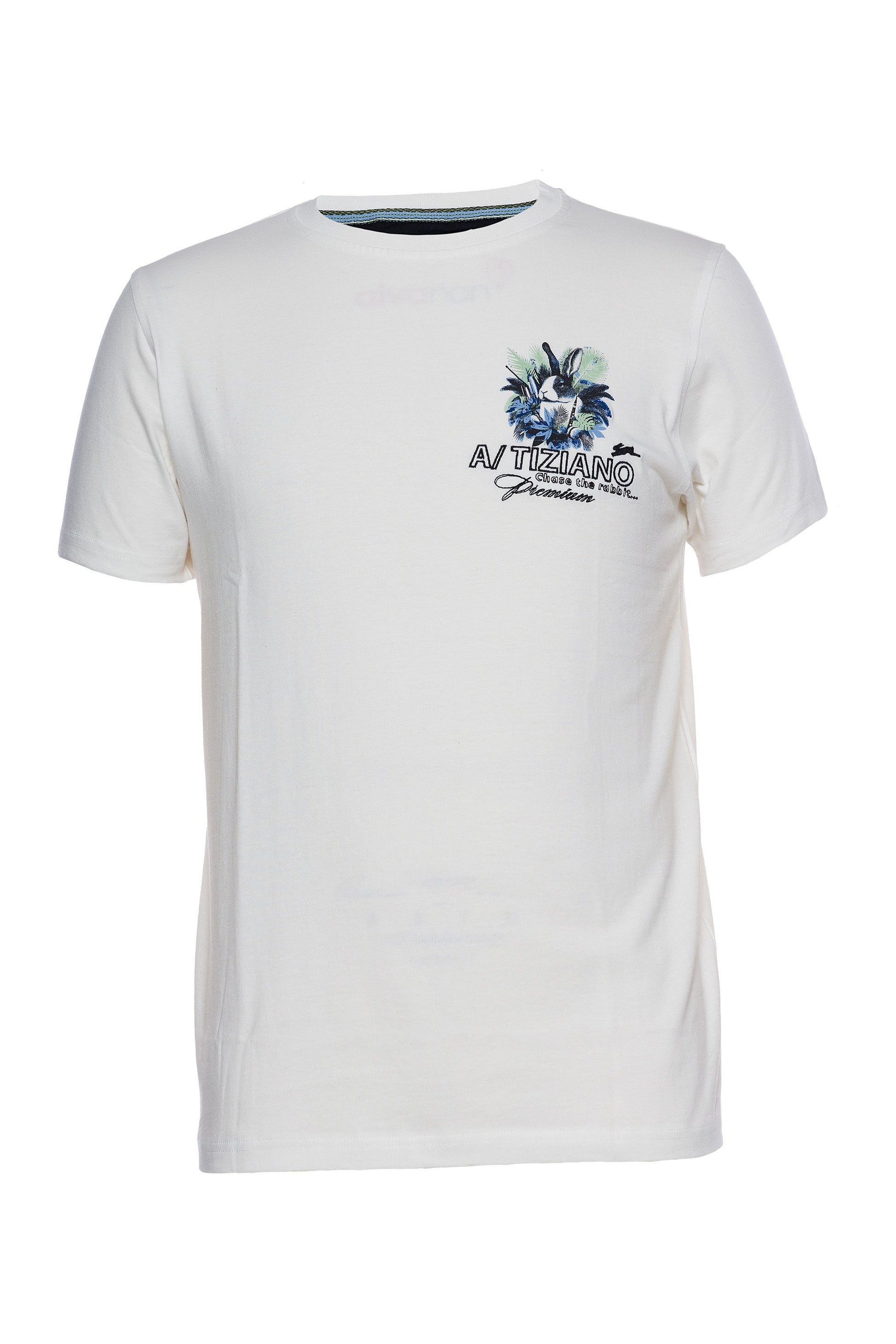 Jonathon Graphic Print Tee with Frond Rabbit design, short sleeve, crew neck, 100% cotton.