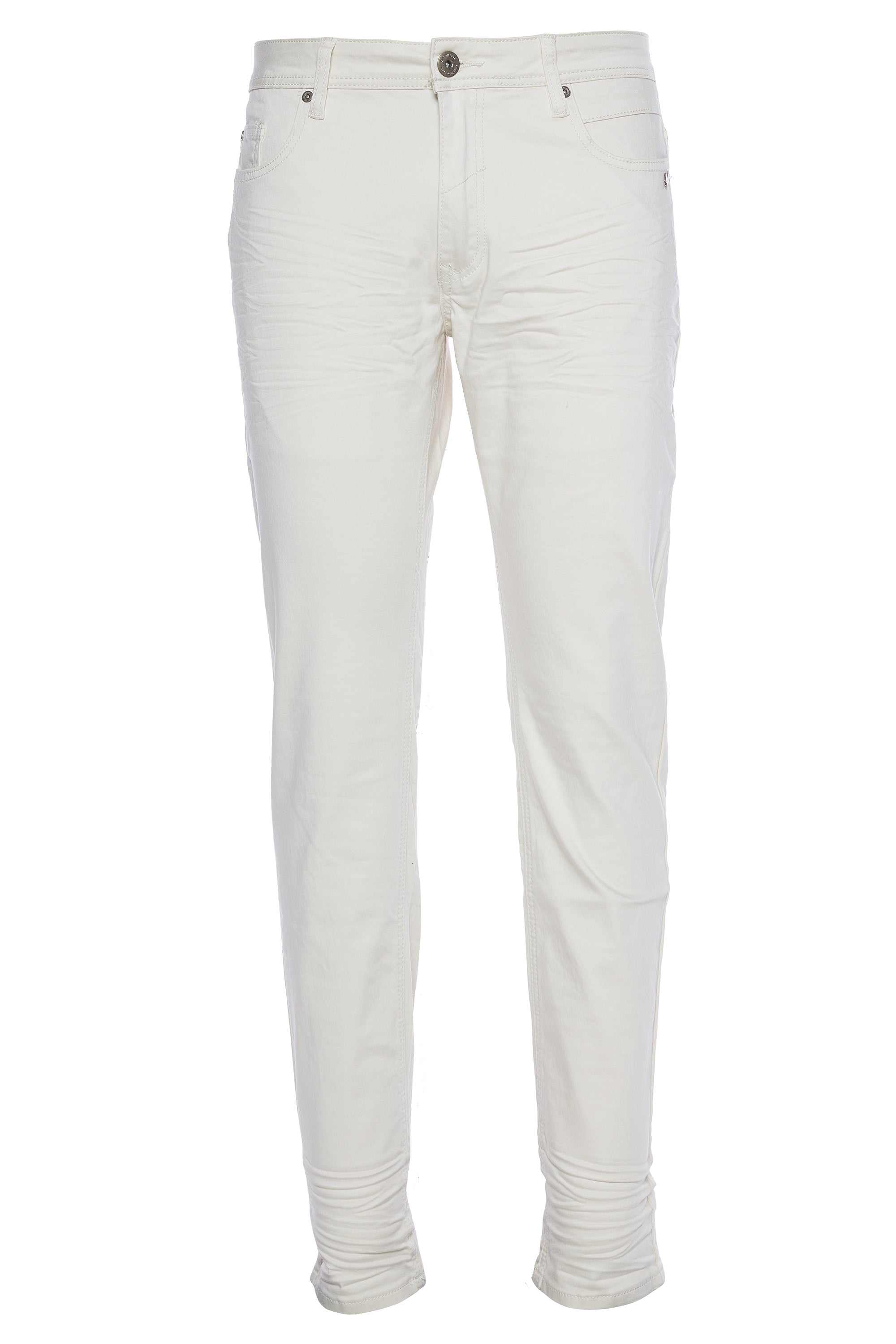 Kenzo twill jeans, straight fit, white stretch twill with abrasions and 3D pleating, signature trims, and leather label.
