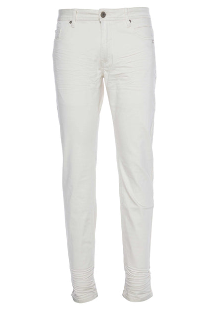 Kenzo twill jeans, straight fit, white stretch twill with abrasions and 3D pleating, signature trims, and leather label.