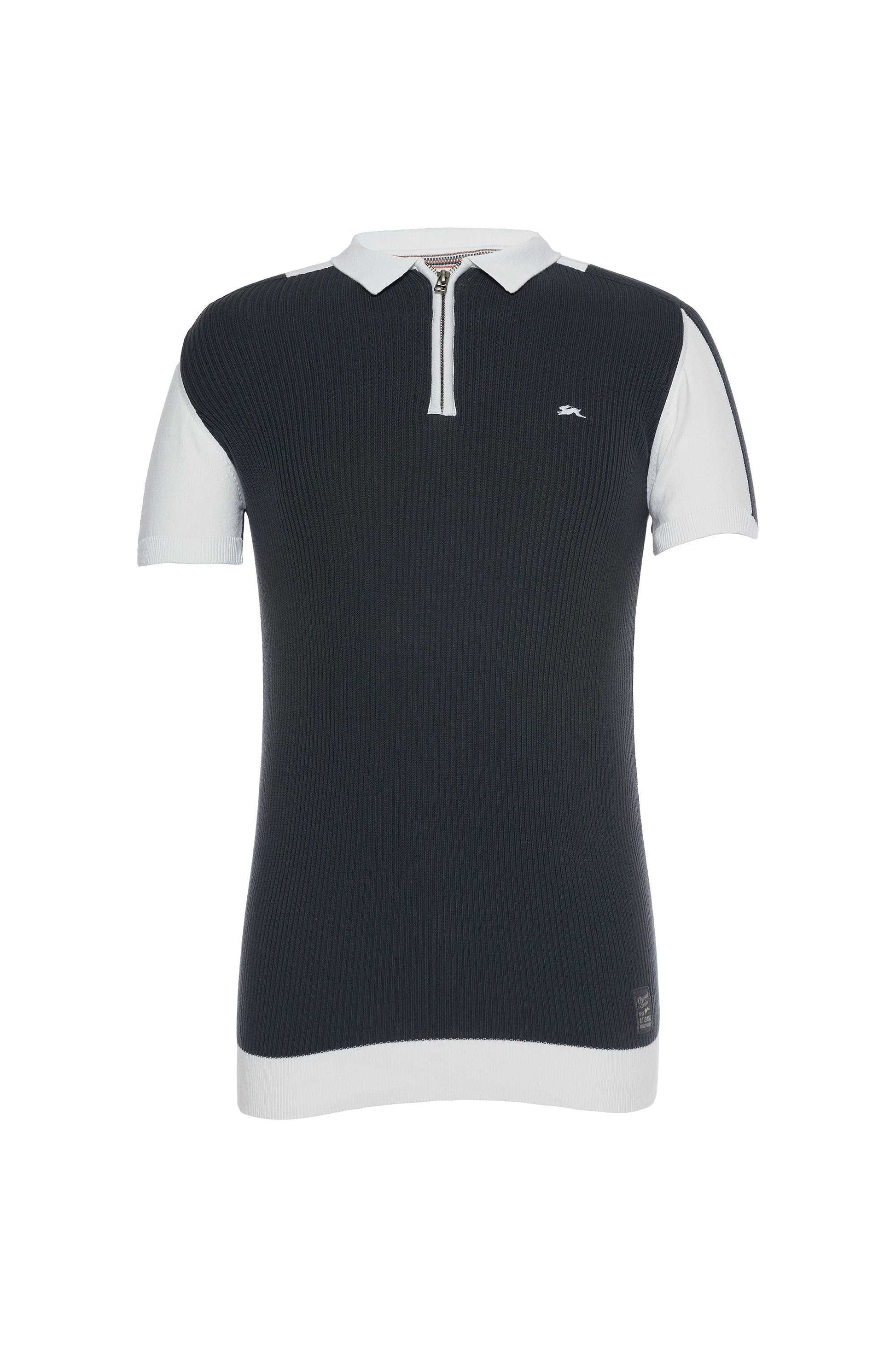 Kurt Jacquard Knit Polo with metal zipper and signature rabbit embroidery.