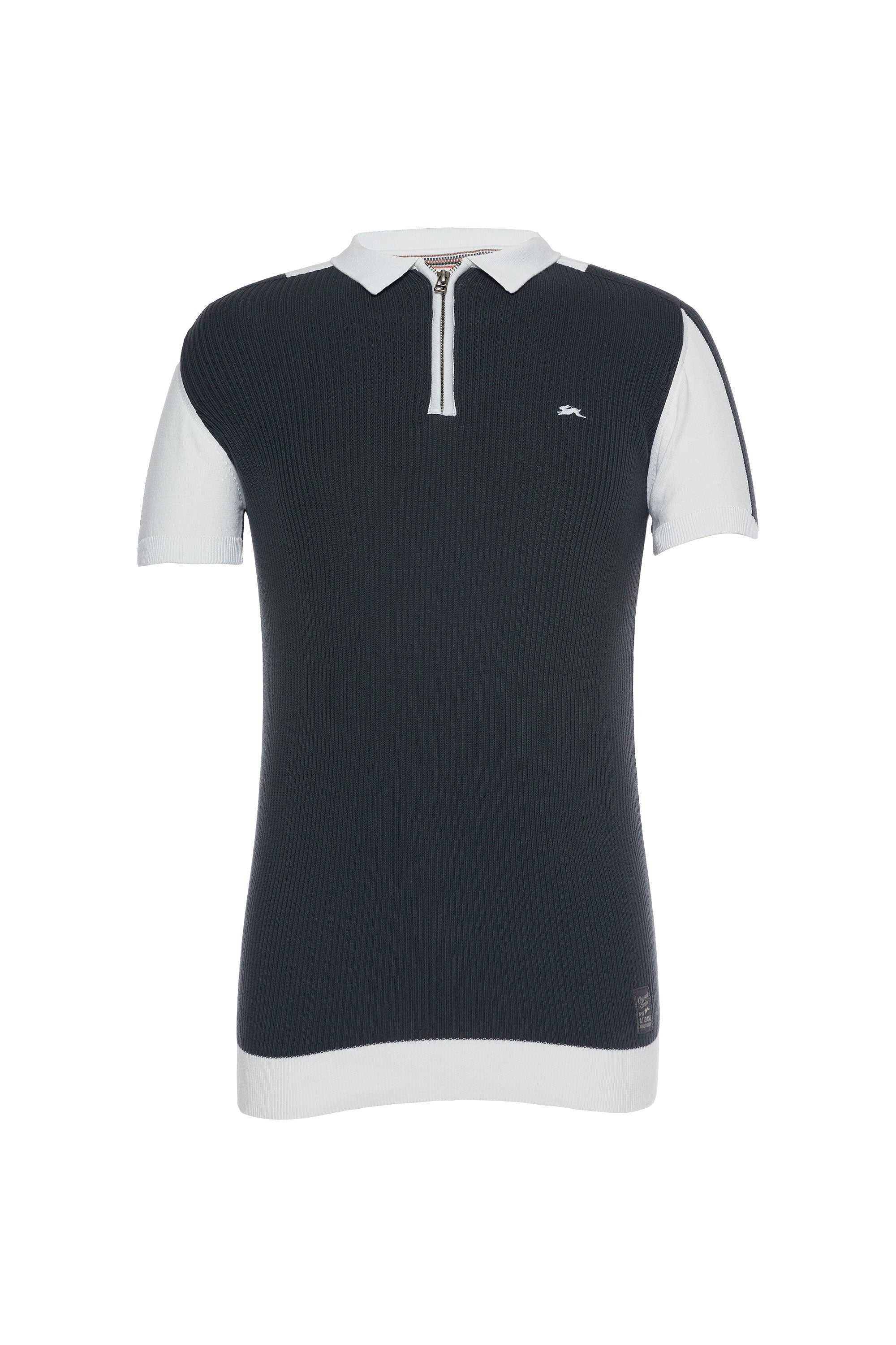 Kurt Jacquard Knit Polo with metal zipper and signature rabbit embroidery.