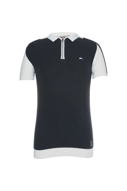 Kurt Jacquard Knit Polo with metal zipper and signature rabbit embroidery.
