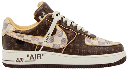 Louis Vuitton x Air Force 1 Low 'Monogram Damier' sneakers with brown canvas and leather, showcasing luxury design.