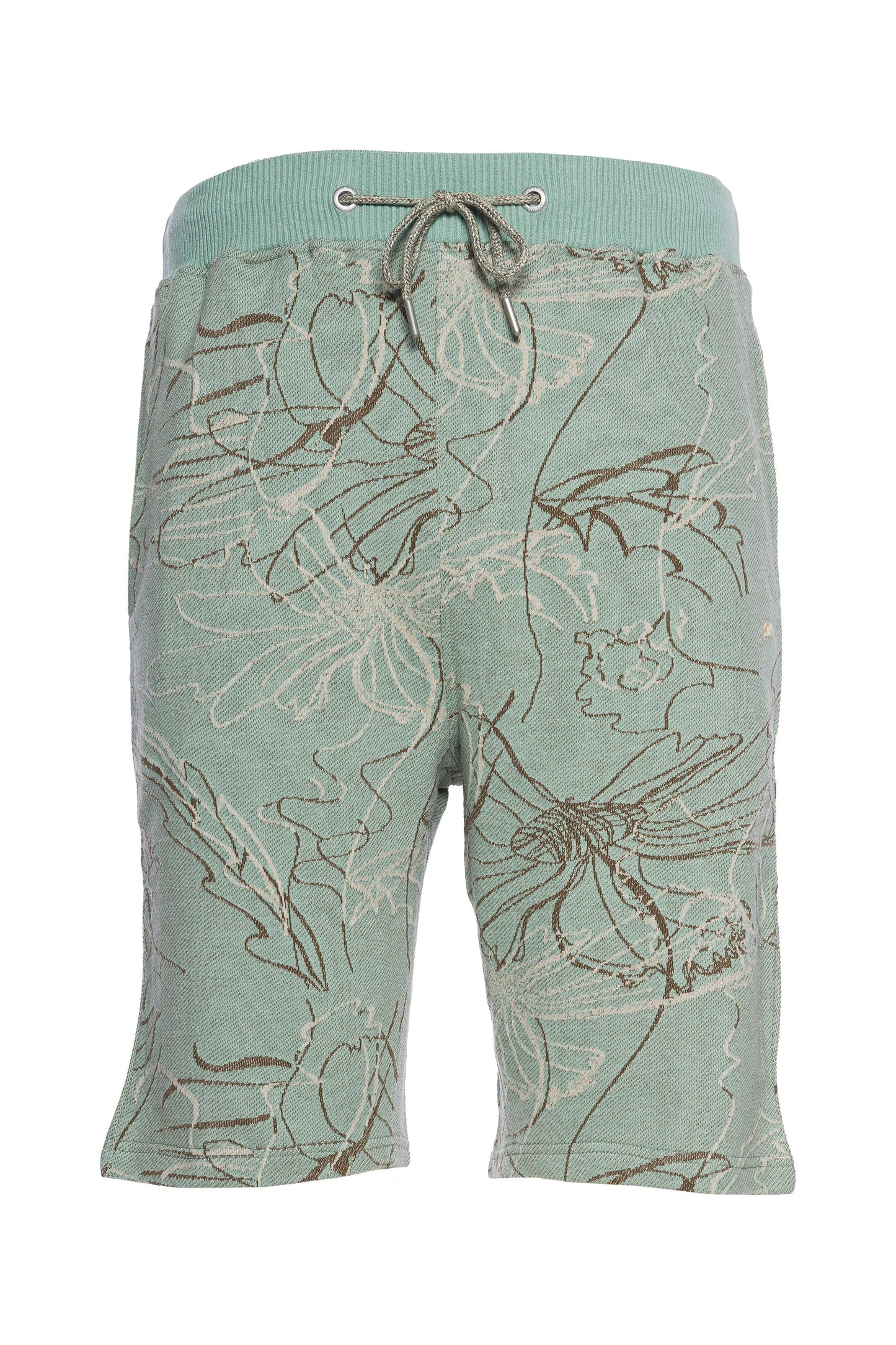Landry Floral Knit Short with floral jacquard design, elastic waistband, and drawcord.