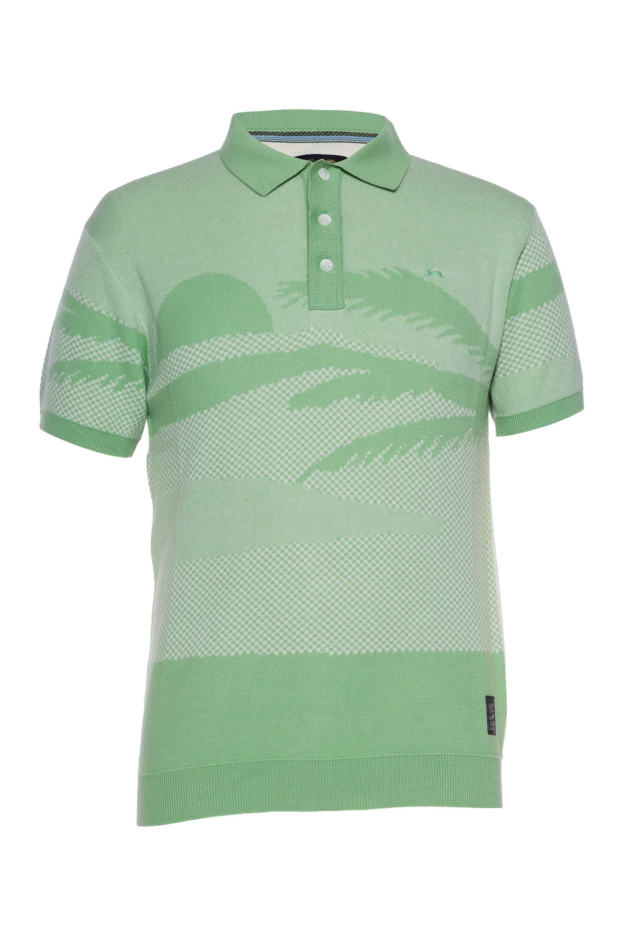 Short-sleeved green jacquard sweater knit polo with flat knit rib collar and Tiziano rabbit embroidery.