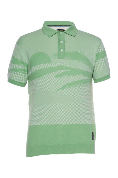 Short-sleeved green jacquard sweater knit polo with flat knit rib collar and Tiziano rabbit embroidery.
