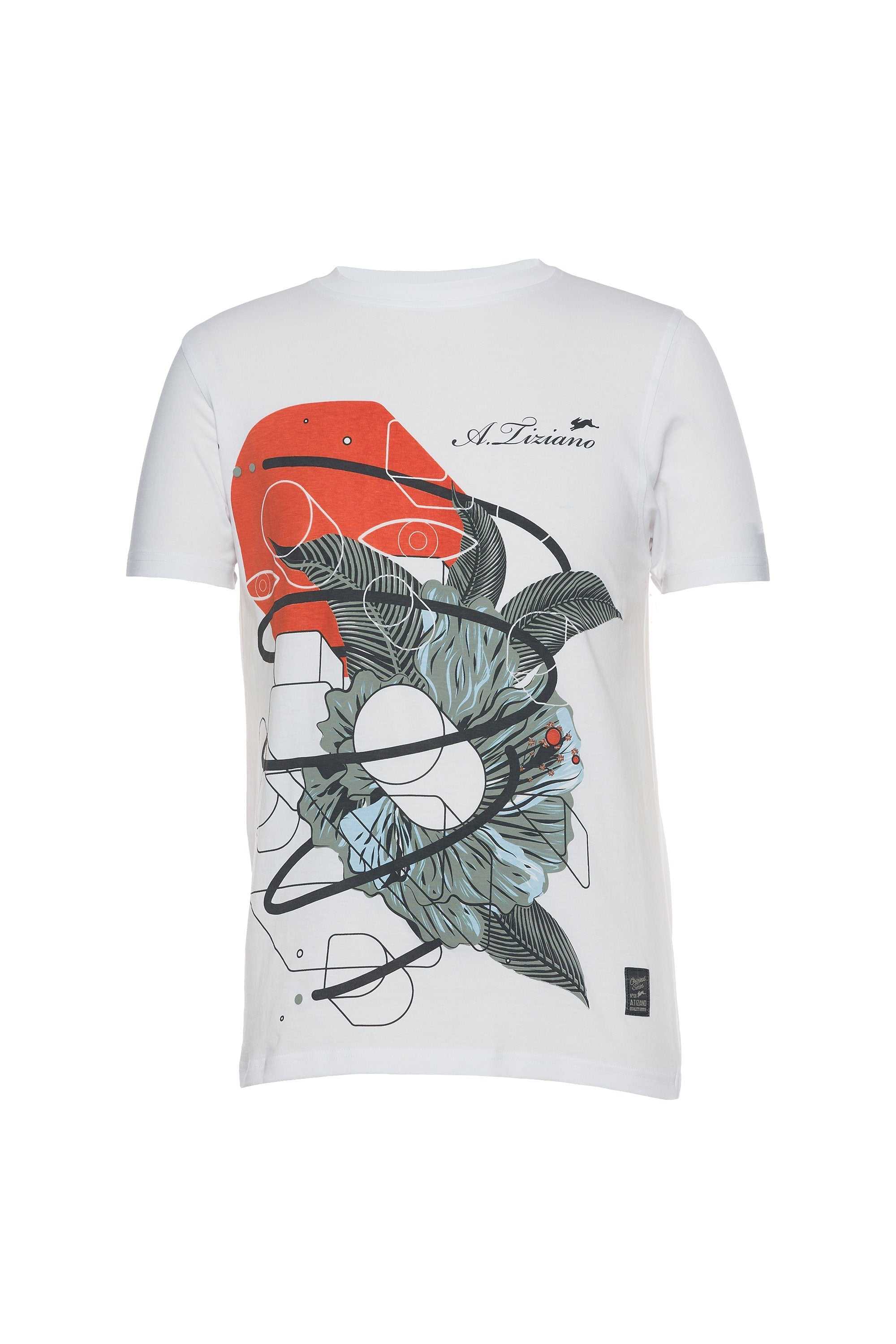 White short sleeve crew tee with graphic print on front, rabbit embroidery on left chest, and woven label at hem.