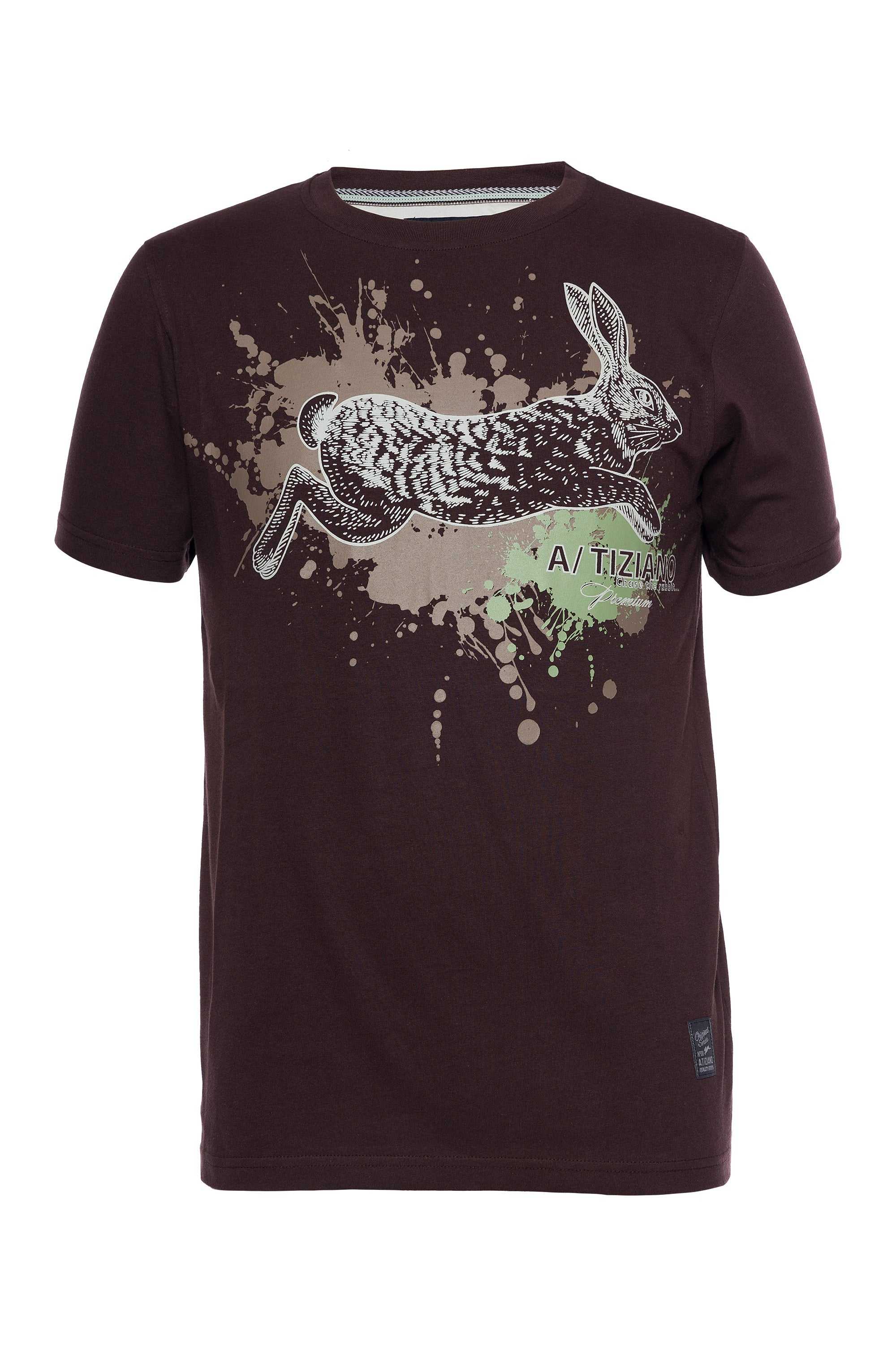Short sleeve "A. Tiziano" graphic print tee with bunny splatter design.