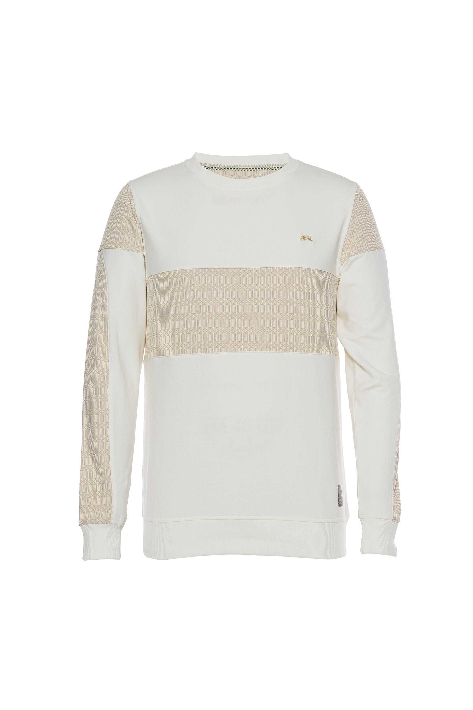 Jacquard knit crewneck with long sleeves, color-blocked French Terry, signature rabbit embroidery, and ribbed cuffs.