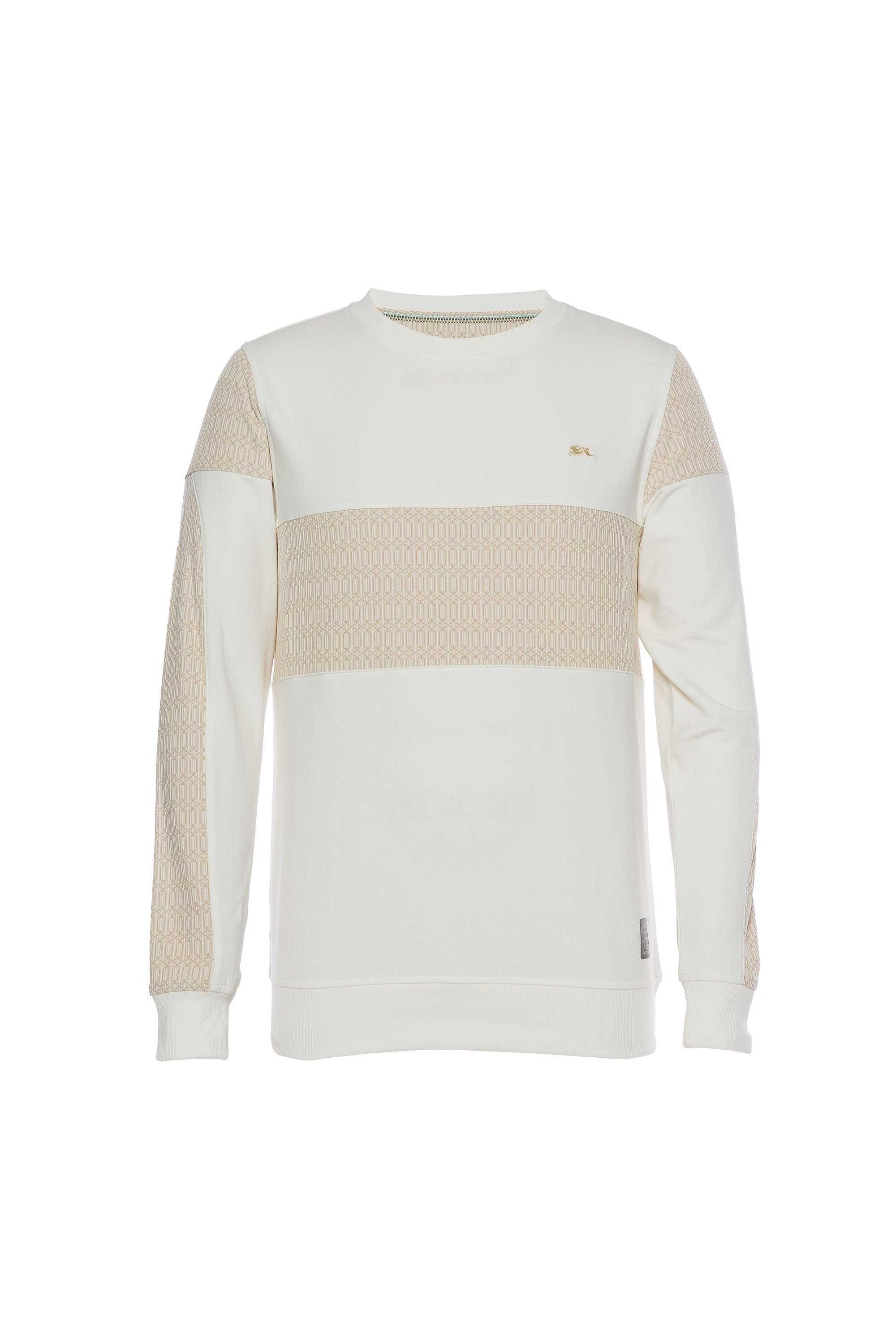 Jacquard knit crewneck with long sleeves, color-blocked French Terry, signature rabbit embroidery, and ribbed cuffs.