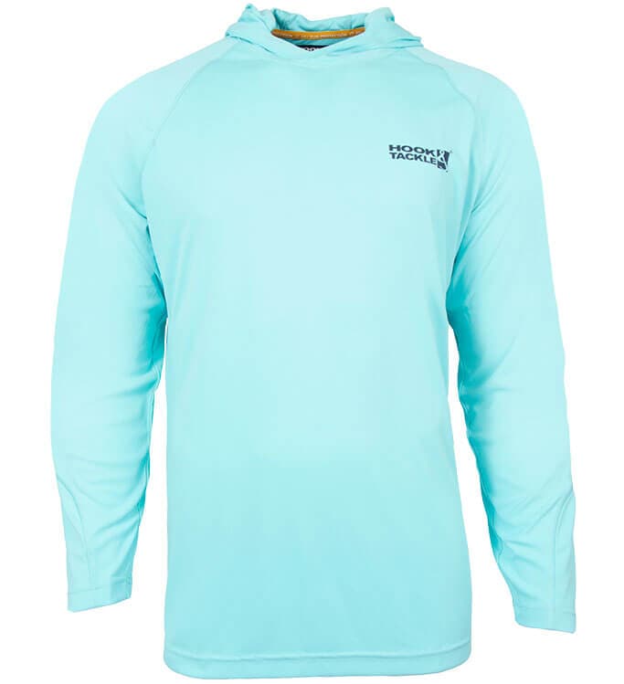 Angler wearing Hook & Tackle Men's Seamount L/S UV Fishing Hoodie, enjoying outdoor activities with sun protection.