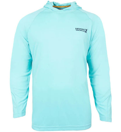 Angler wearing Hook & Tackle Men's Seamount L/S UV Fishing Hoodie, enjoying outdoor activities with sun protection.