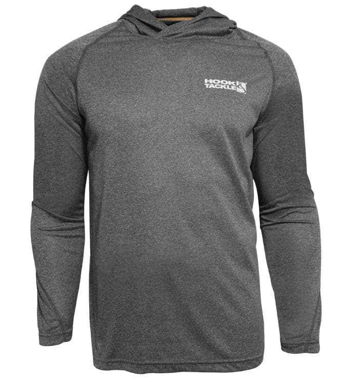 Hook & Tackle brand logo detail on the Seamount L/S UV Fishing Hoodie, a mark of quality outdoor performance wear.