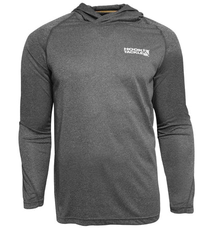 Hook & Tackle brand logo detail on the Seamount L/S UV Fishing Hoodie, a mark of quality outdoor performance wear.