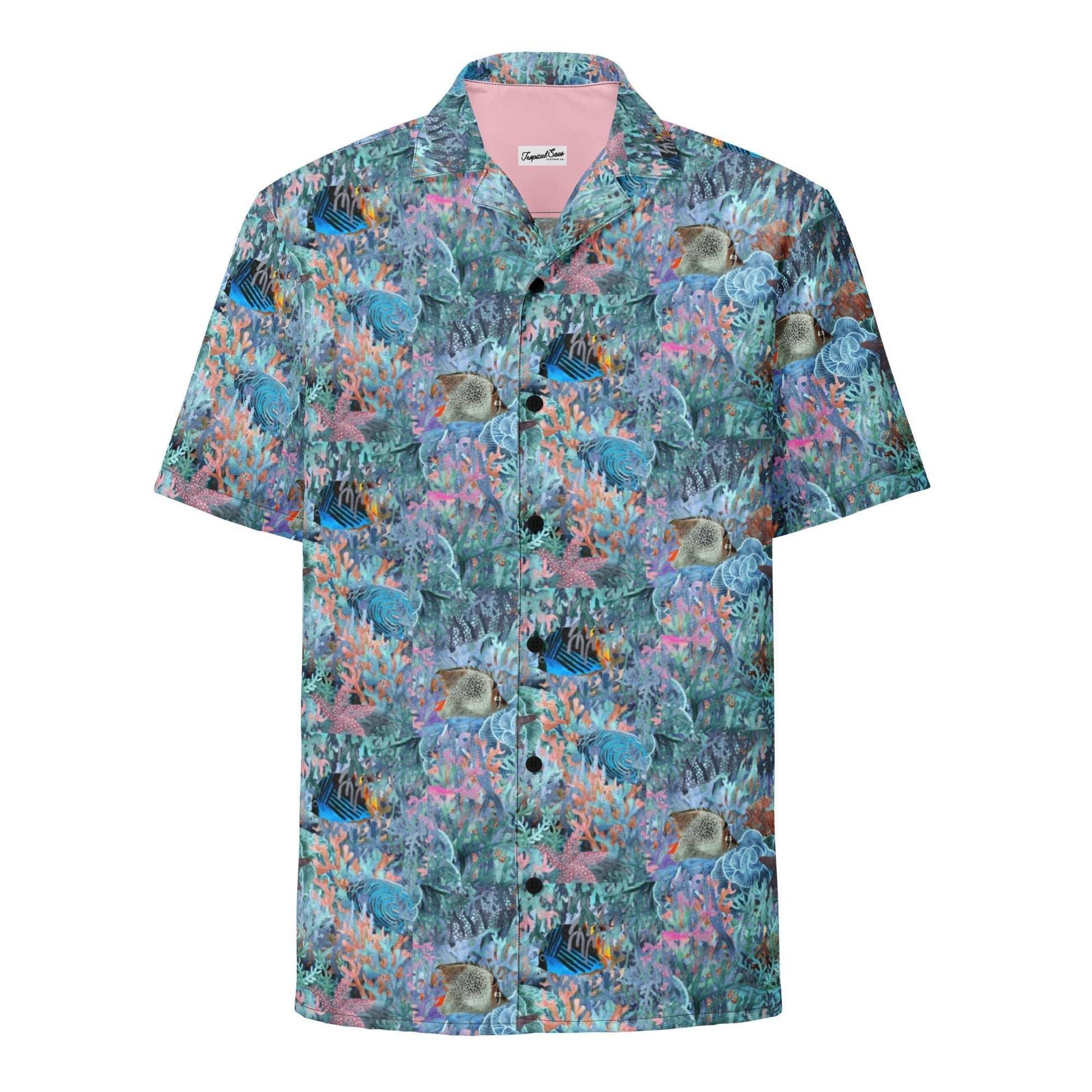 Men's Marine Life Party Button Down Hawaiian Shirt with tropical reef and fish print, breathable, lightweight, and UPF50+ sun protection.