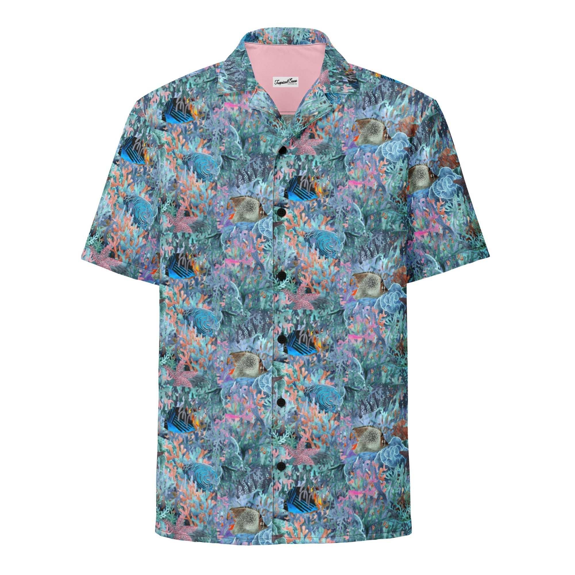 Men's Marine Life Party Button Down Hawaiian Shirt with tropical reef and fish print, breathable, lightweight, and UPF50+ sun protection.
