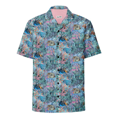Men's Marine Life Party Button Down Hawaiian Shirt with tropical reef and fish print, breathable, lightweight, and UPF50+ sun protection.