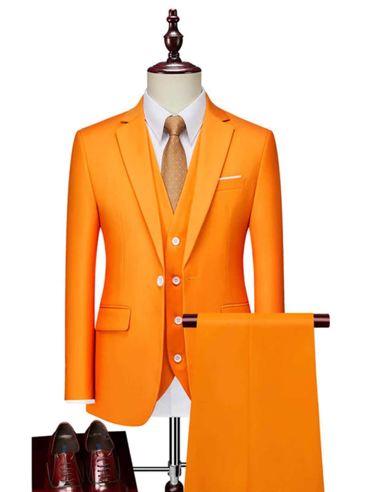 Business Clothing Non-Ironing Slim Fit XL Leisure Suit in vibrant orange with shoes and accessories.