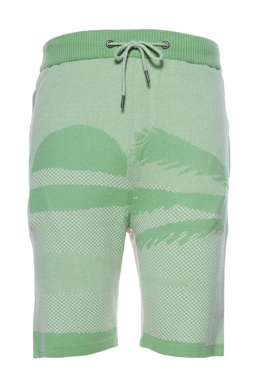 Penn sweater knit shorts with elastic waistband, zipper and button pockets, and embroidered rabbit.