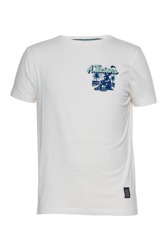 Powell graphic print tee with short sleeves, screen print design, and rabbit embroidery on cotton jersey fabric.
