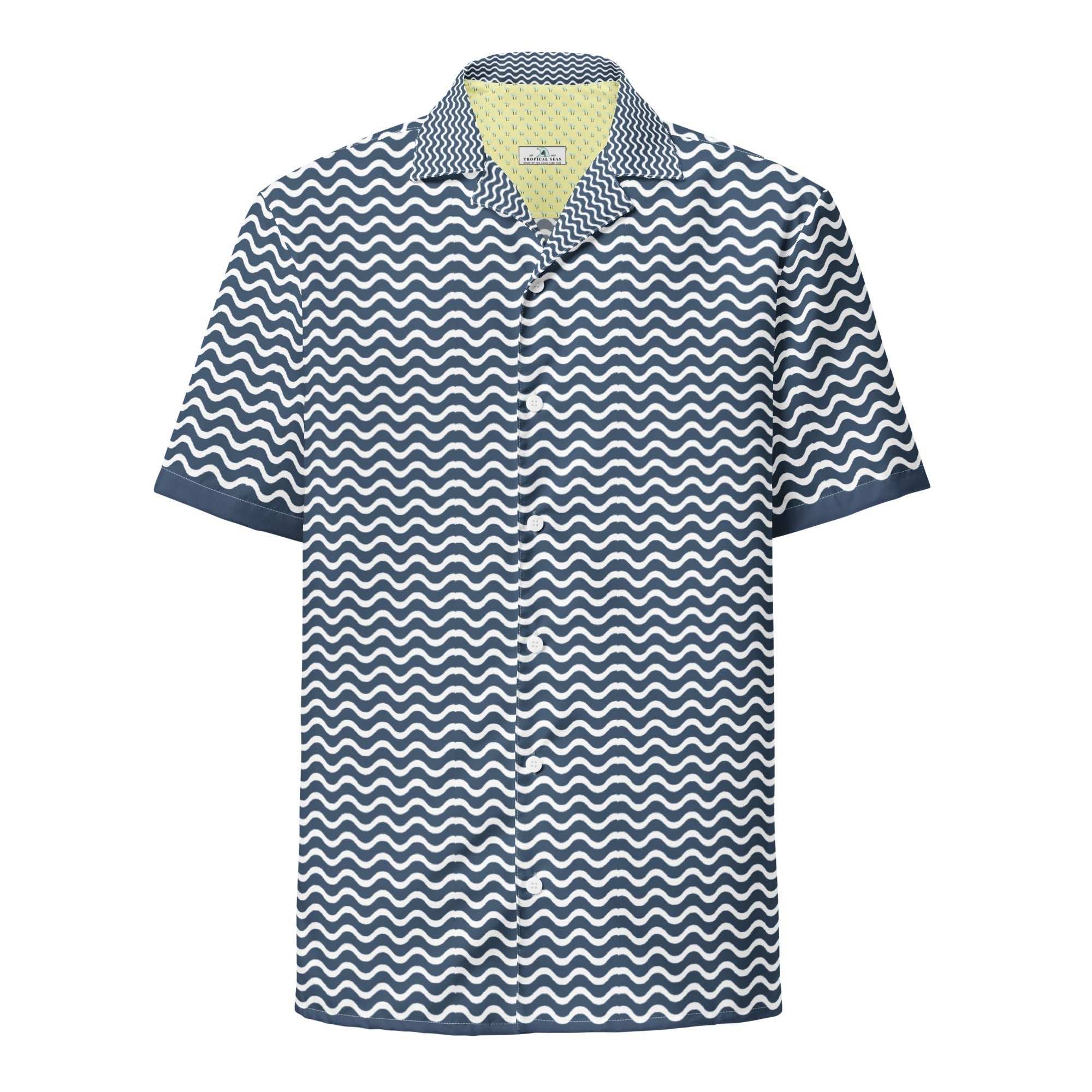 Proud Sailor Button Down Camp Shirt with navy wave pattern, eco-friendly, lightweight, breathable, and UPF50+ sun protection for men.