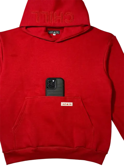 Zen Zip Chenille Applique Hoodie - Cherry Red chill life style