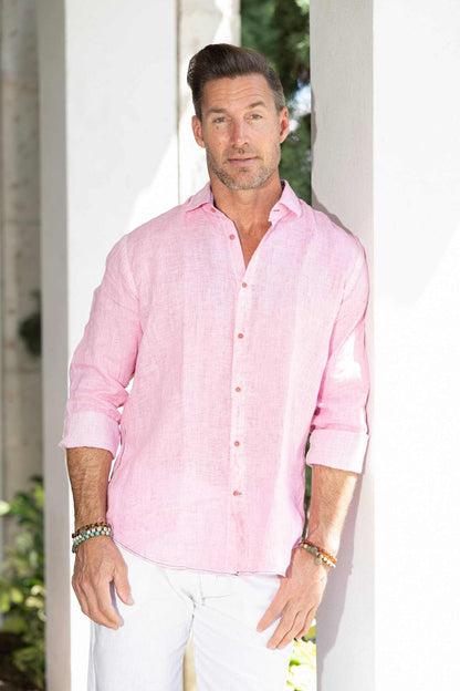 RICARDO LINEN SHIRT in pink, long-sleeve, breathable linen button-down, comfortable fit.