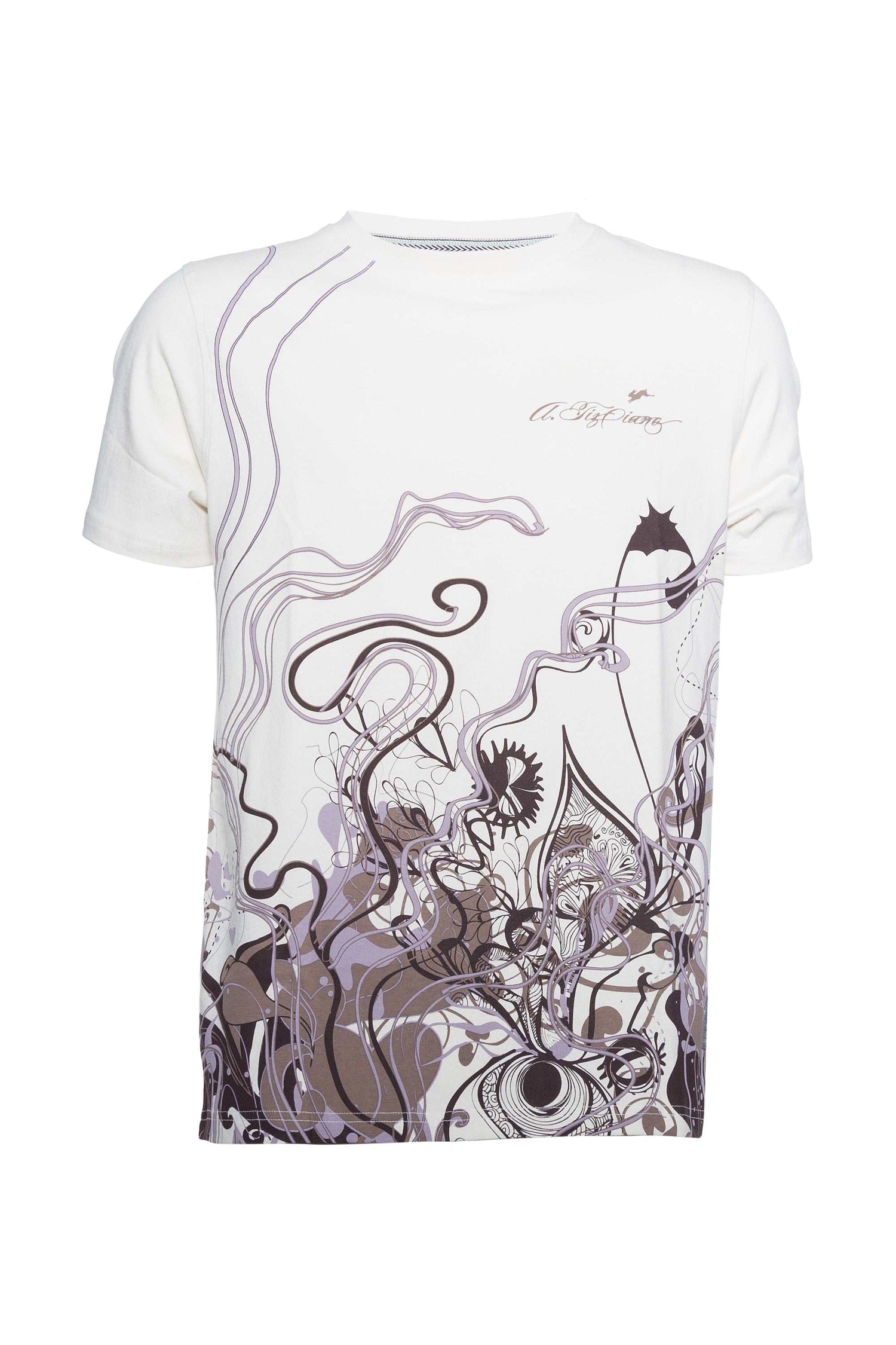 Rory graphic print tee with short sleeves and vine design on the front.