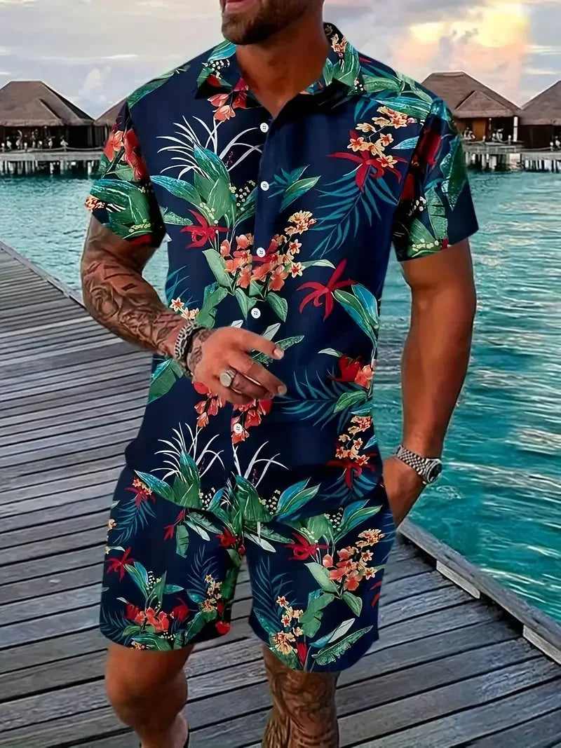 Men streetwear two piece Beach set with vibrant floral design, ideal for spring and summer casual style.