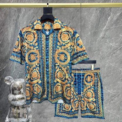 Luxury top men's fashion beach short set with bold print and notched collar.