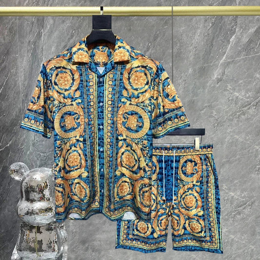 Luxury top men's fashion beach short set with bold print and notched collar.