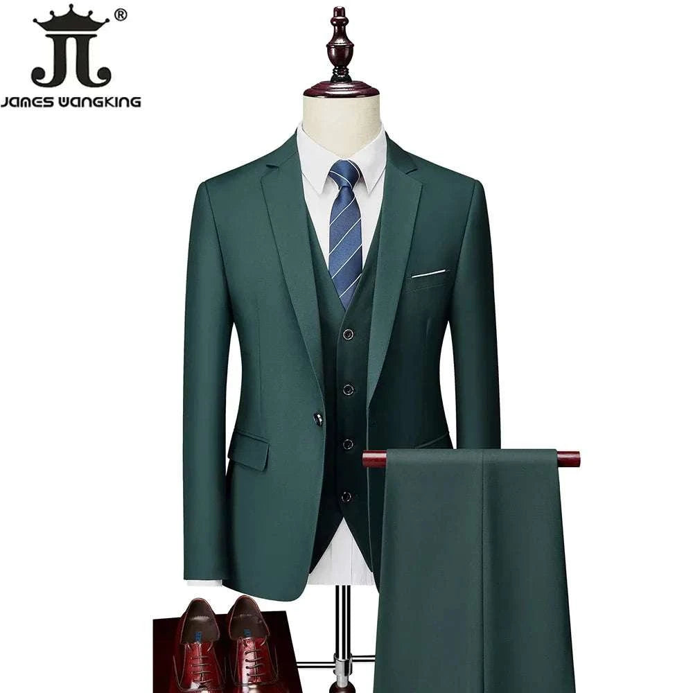 M-6XL formal business men's suit in dark green with blazer, vest, and pants for wedding or office.
