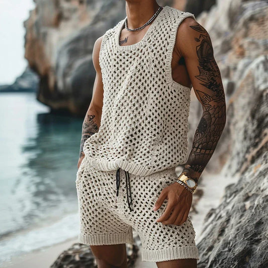 Summer men knitted two-piece shorts set with sleeveless top, O-neck collar, drawstring closure, and pockets for casual style.