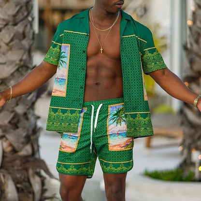 Men Beach Shirt Sets Retro Ethnic Style