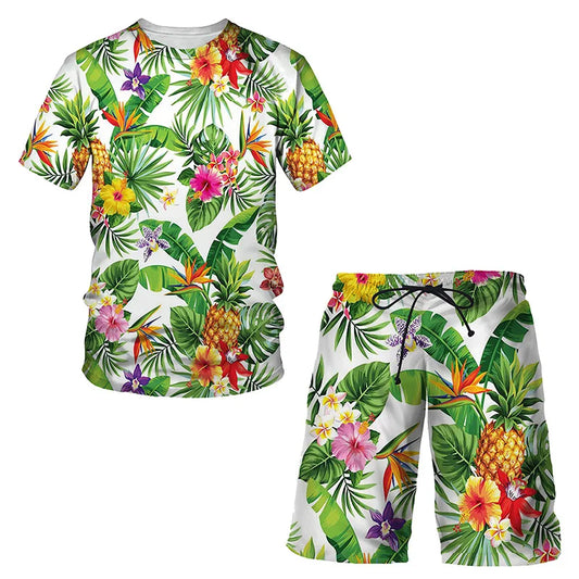 Sportwear men beach short set with vibrant tropical print and O-neck collar.