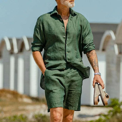 Men's summer comfy cotton linen shorts set in green, featuring a V-neck collar and single-breasted closure, perfect for casual warm weather.