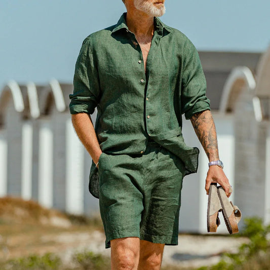 Men's summer comfy cotton linen shorts set in green, featuring a V-neck collar and single-breasted closure, perfect for casual warm weather.