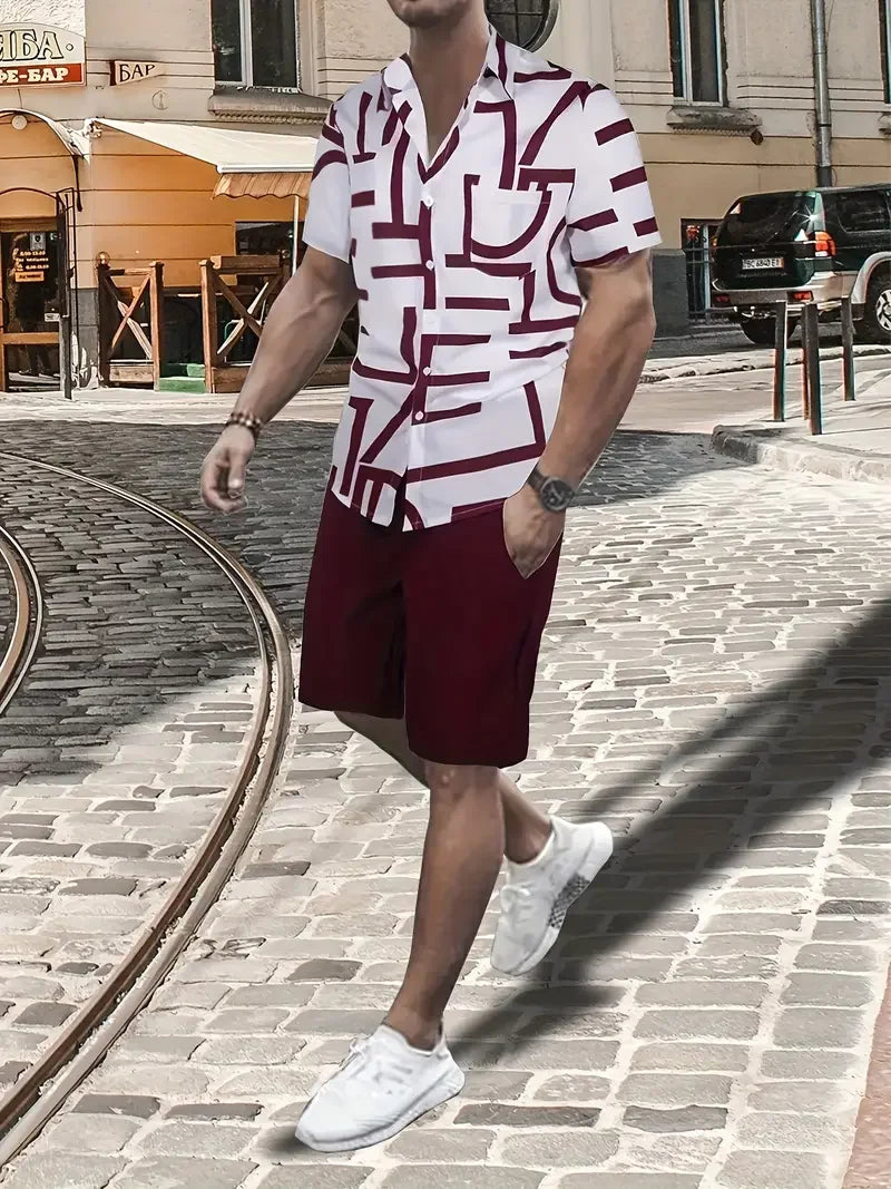 Men's streetwear two-piece beach set in a geometric pattern, featuring a short-sleeve shirt and shorts, perfect for casual spring and summer style.