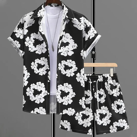 Men's Hawaiian beach shorts set with floral print, short sleeve V-neck shirt, drawstring shorts, perfect for vacation.