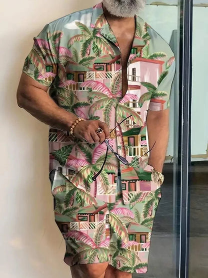 Men's streetwear two-piece beach set with vibrant palm print design, capturing casual style and comfort for spring and summer.