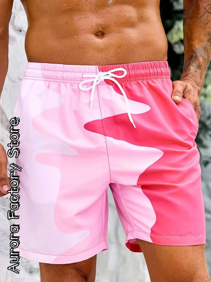 Summer men colorful 3D shorts with a pink wavy pattern, perfect for beach trips.
